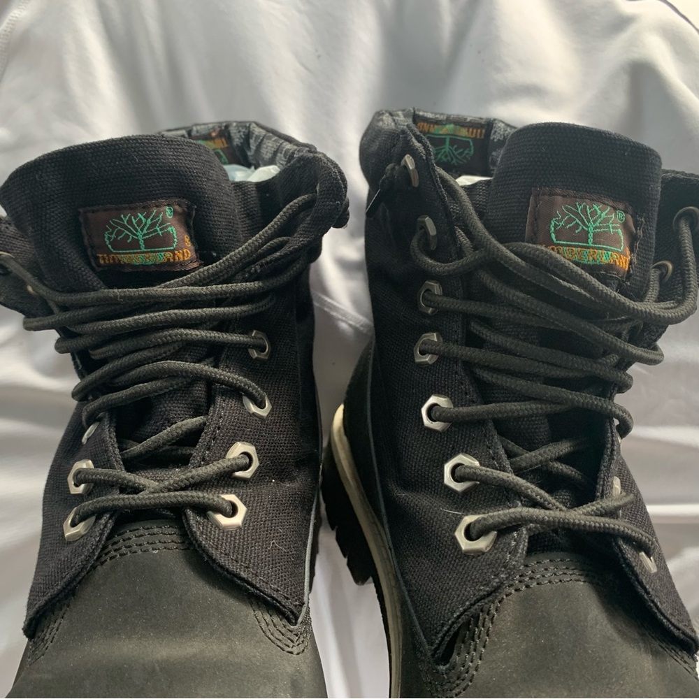 Vintage Timberland All Black (12) Lace-Up Boots; bottom suede top half canvas - Picture 7 of 16